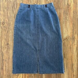 Vtg Midi Jean Skirt 13/14 Blue Denim Cotton Front & Back Slits Buttons High Rise